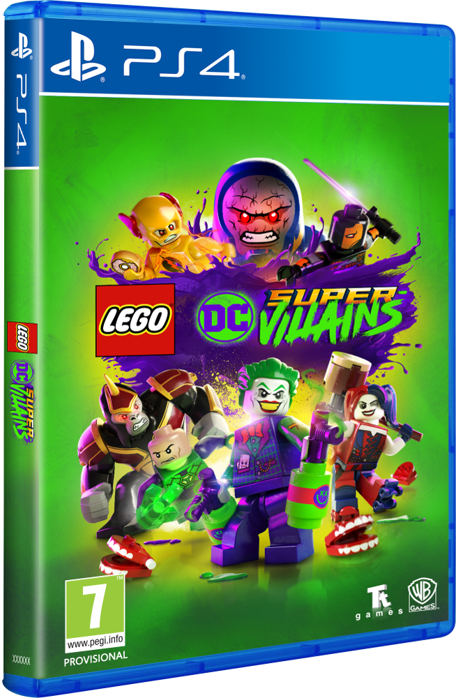 PS4 játék borító: Lego DC Super-Villains. Lego figurákkal. 7-es besorolás.