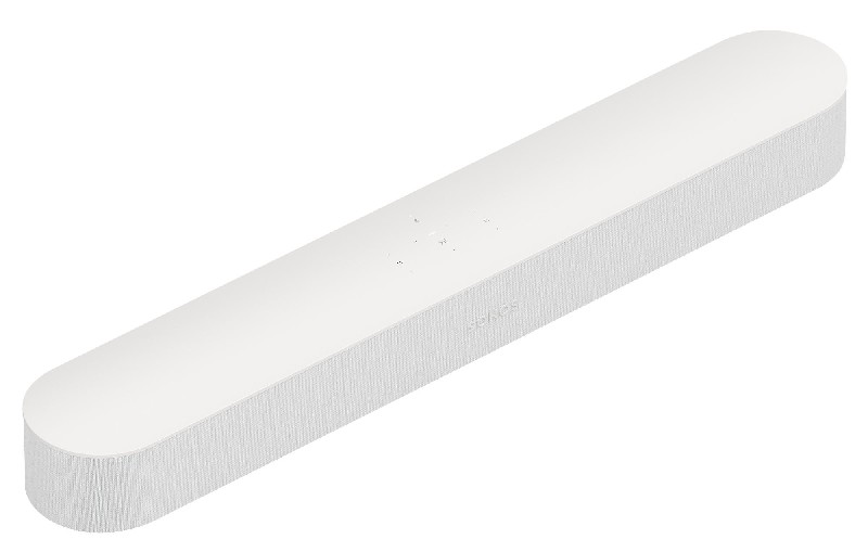 Barra de sonido blanca. Forma rectangular larga, con frente texturizado y botones superiores.