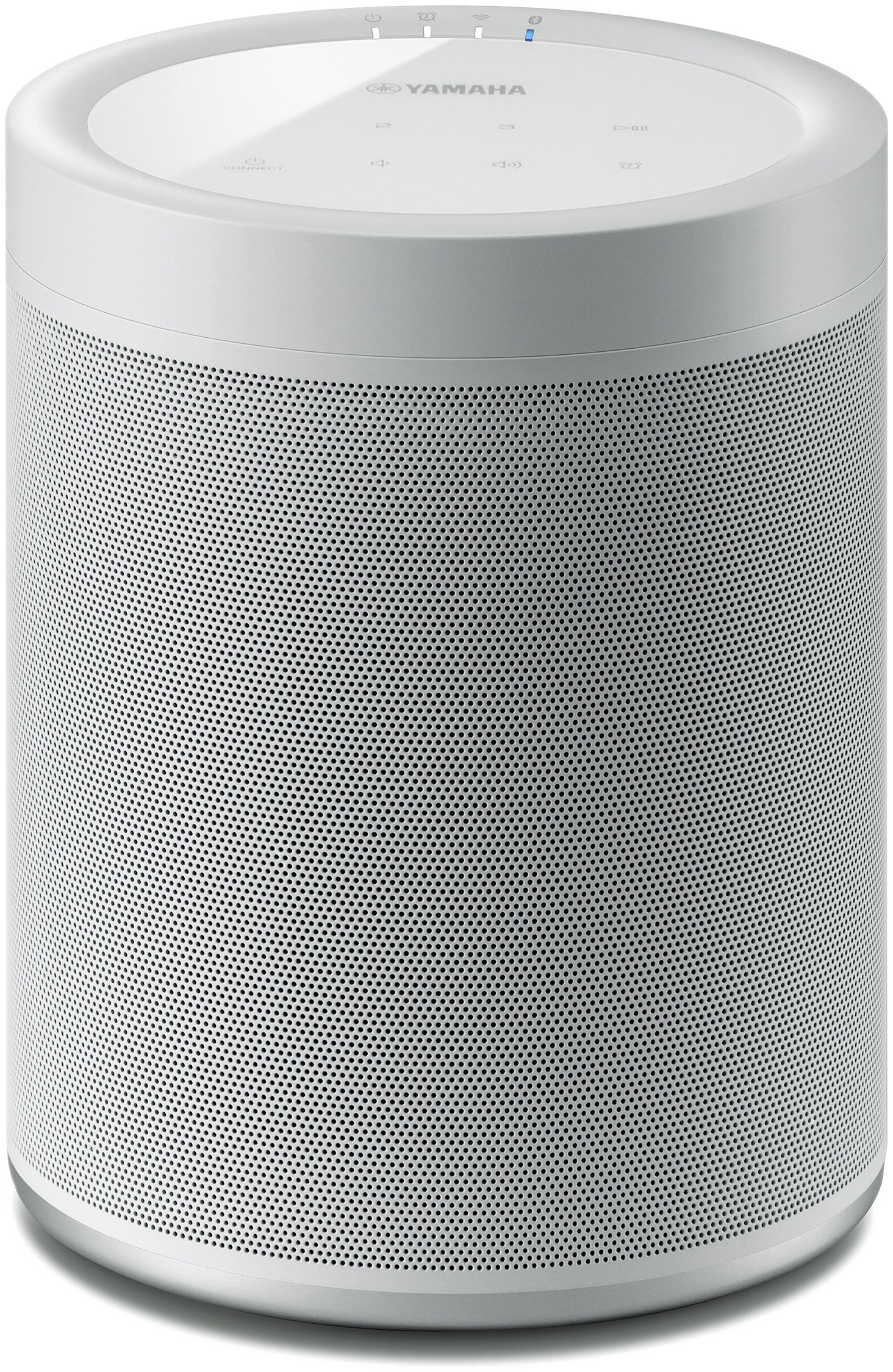 Weißer Yamaha-Lautsprecher mit perforierten Seiten und Knöpfen oben.