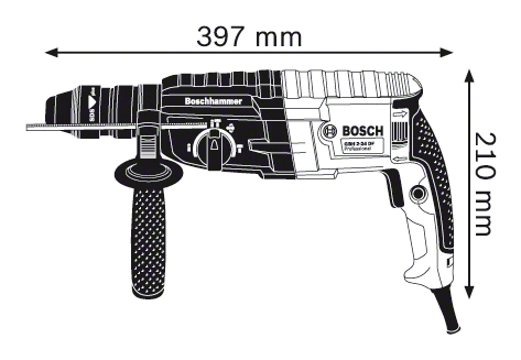 Bosch kalapácsfúró. Fekete és szürke, méretekkel. 397mm hosszú, 210mm magas. Fekete fogantyú és kábel látható.