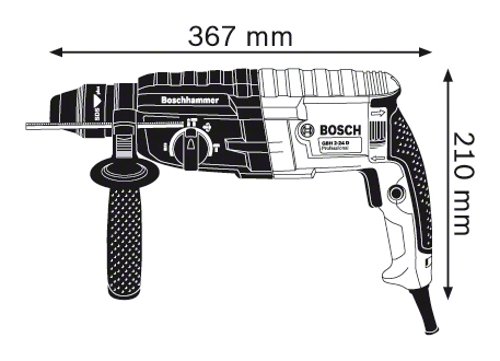 Bosch fúrókalapács, fekete és szürke. A fúró méretekkel fehér háttéren.