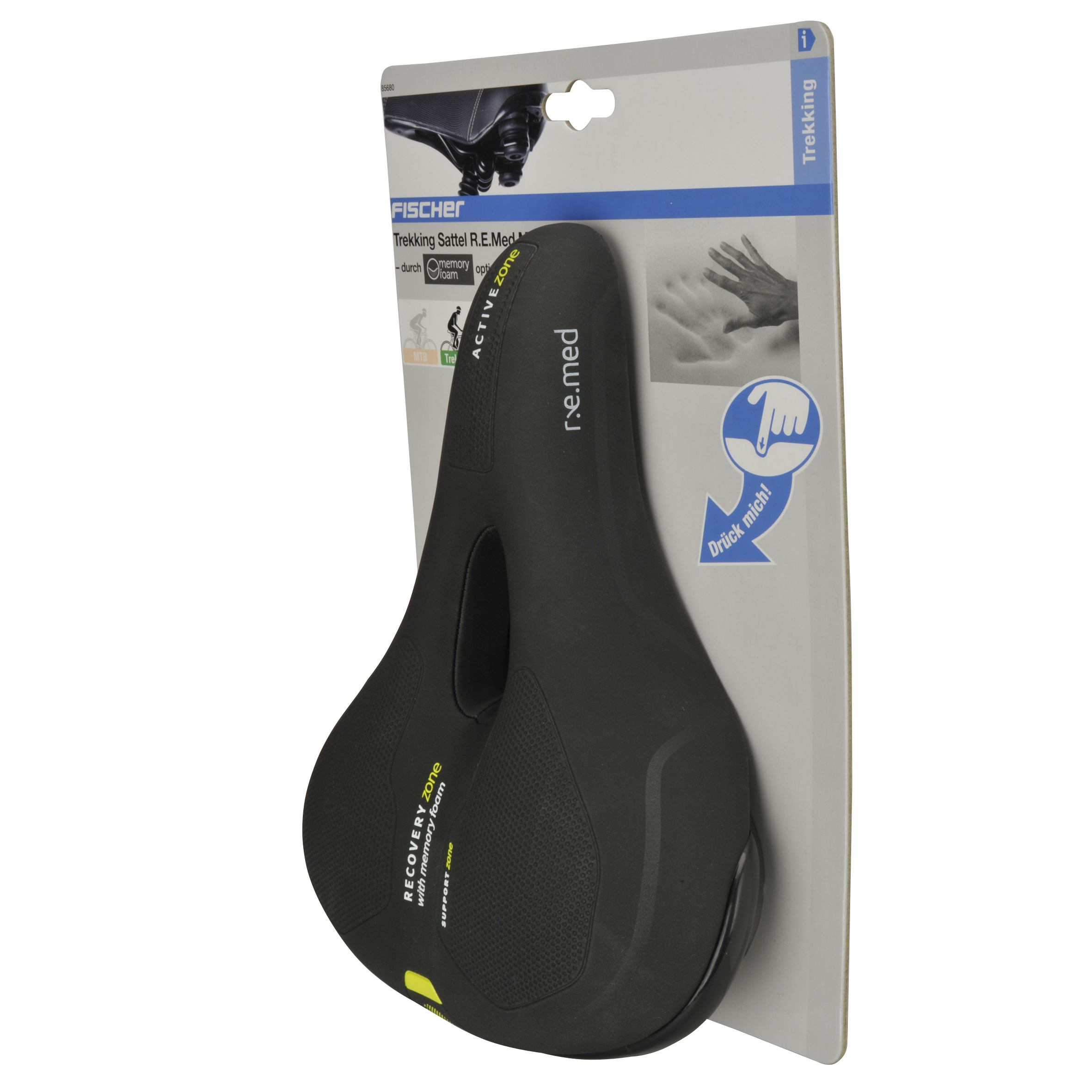 Schwarzer Fahrradsattel mit grauer Rückseite. Der Sattel befindet sich auf weißem Hintergrund. Text und Grafiken auf der Verpackung.
