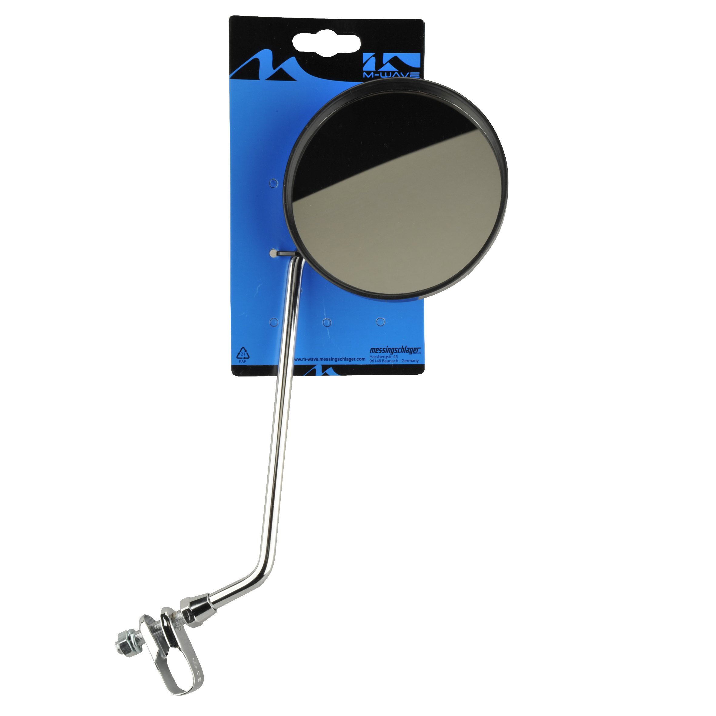 Fahrradspiegel mit runder, reflektierender Oberfläche, Chromstiel, schwarzem Rückenteil.
