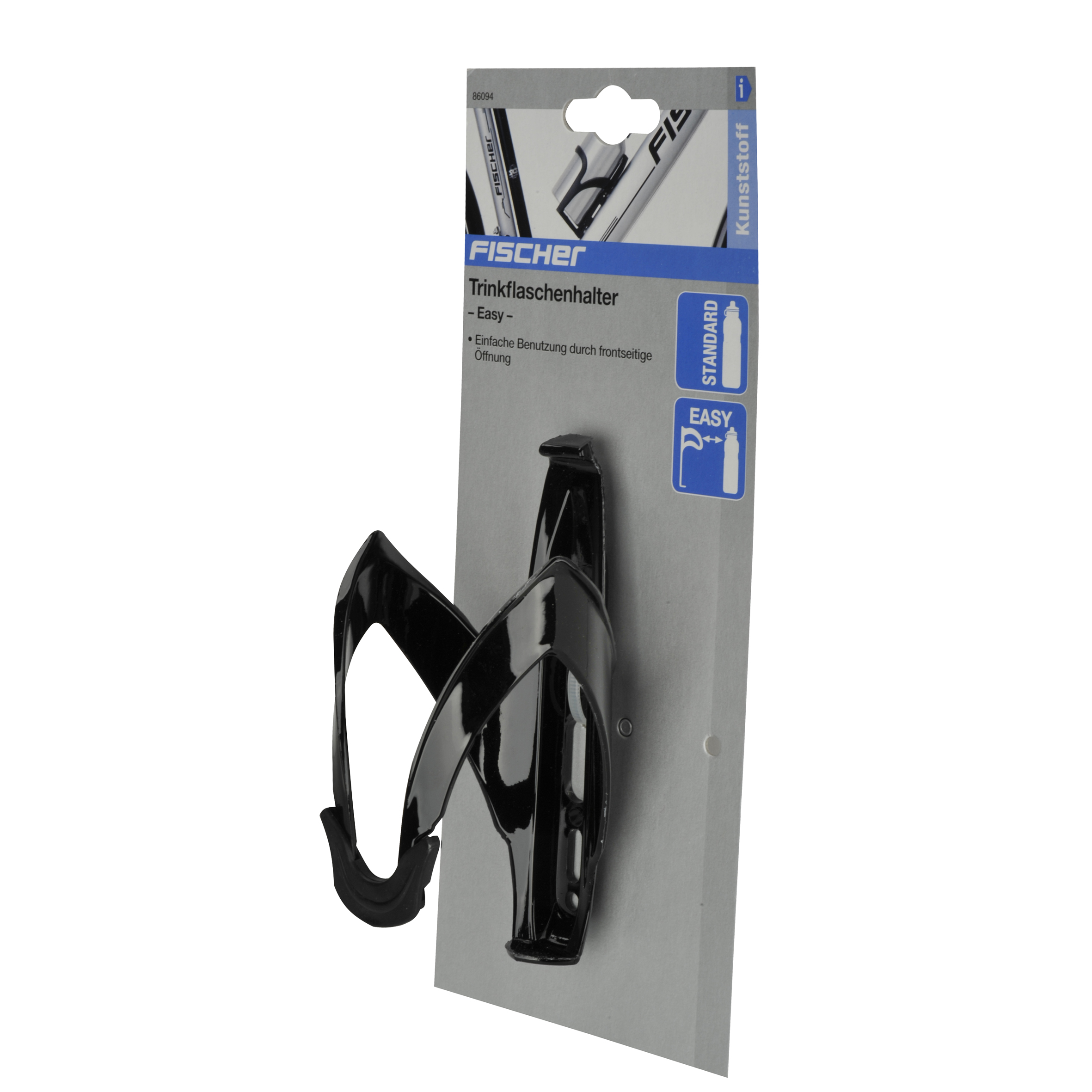 Schwarzer Fahrrad-Flaschenhalter auf grauer Verpackung, mit Produktnamen und Merkmalen.
