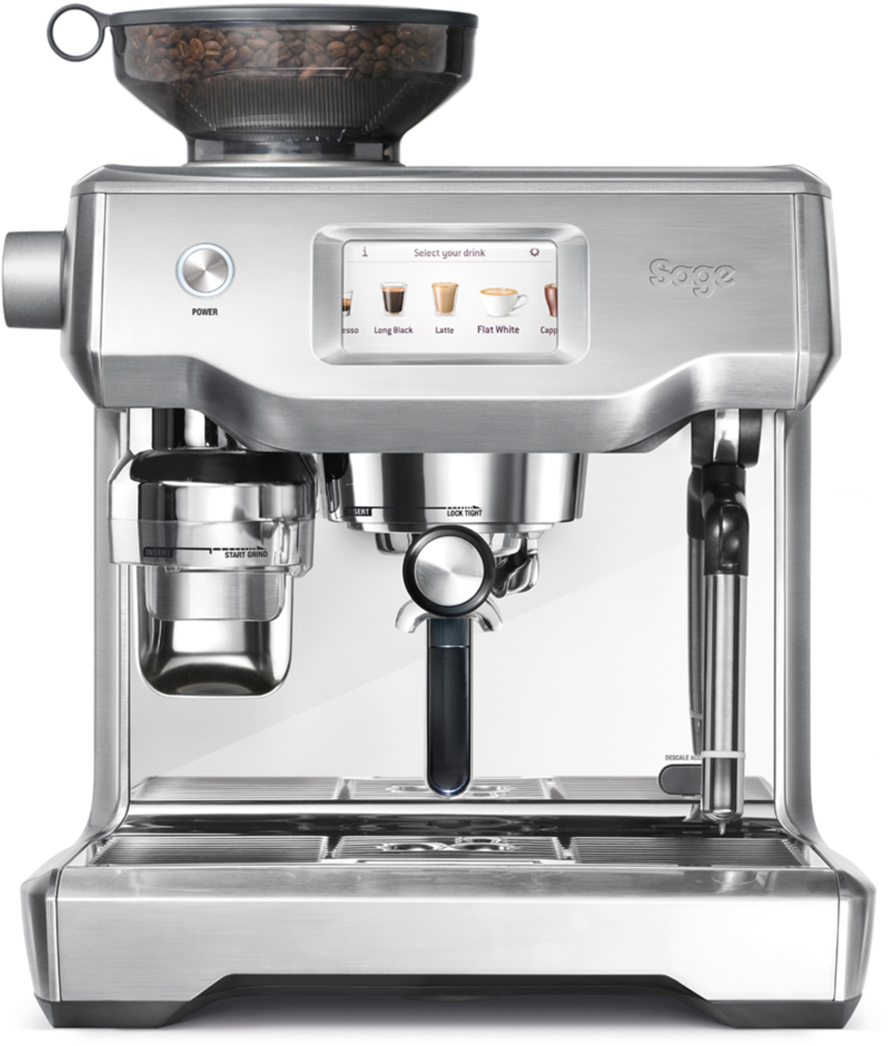Silberne Kaffeemaschine mit Bildschirm und Tassenhalter, mit Kaffeebohnen oben.