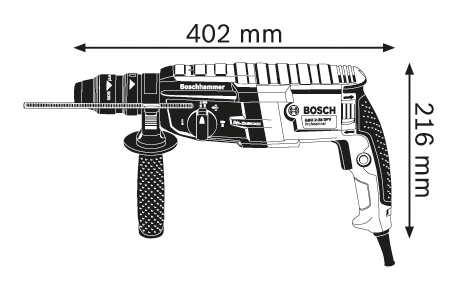 Bosch fúrógép diagramja méretekkel: 402 mm és 216 mm. Fehér háttér.