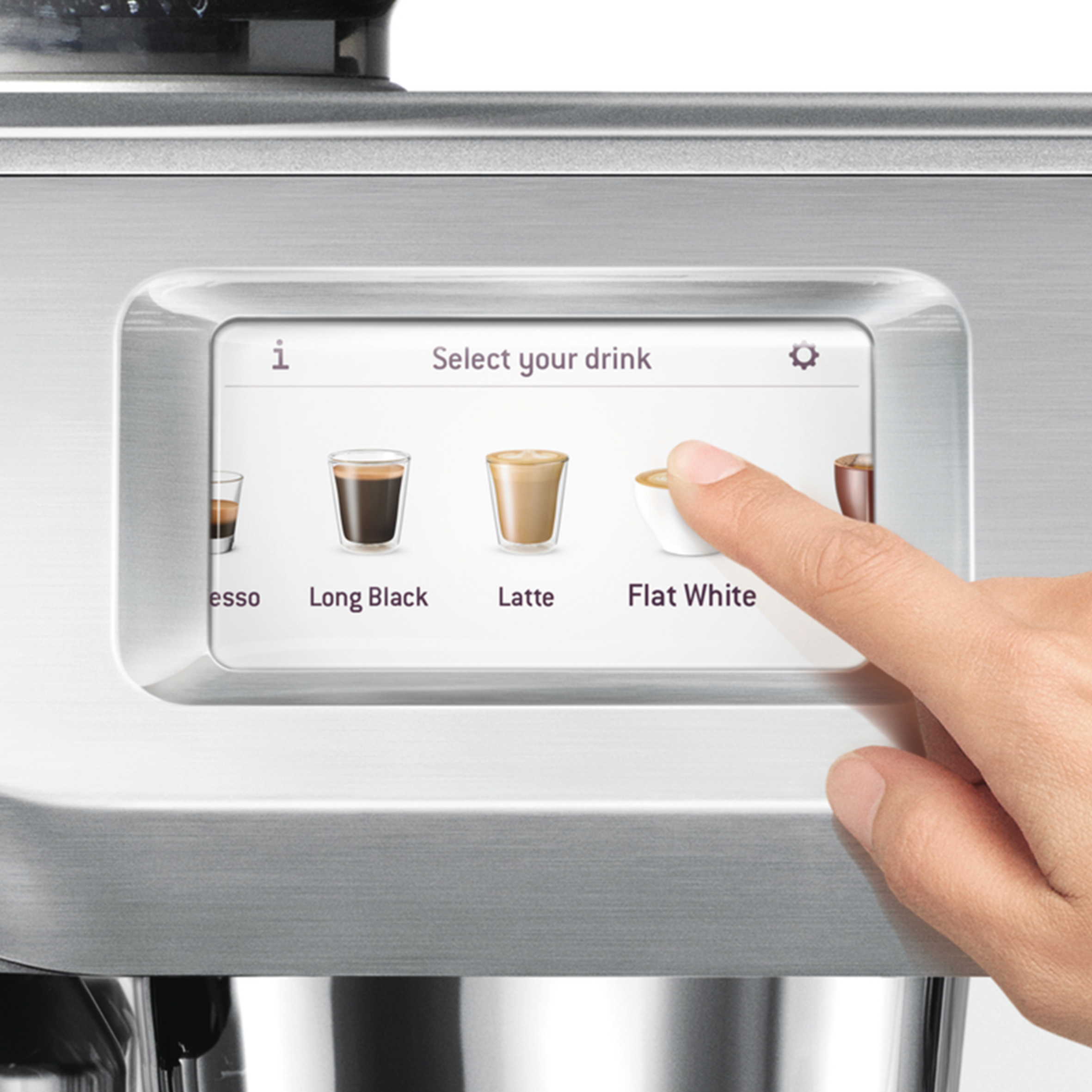Ein Touchscreen zeigt Getränkeoptionen: Espresso, Long Black, Latte und Flat White. Eine Hand zeigt auf Flat White.
