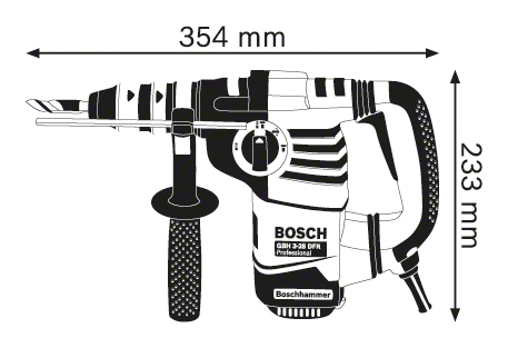 Bosch GBH 3-38 DFR fúrókalapács méretekkel, fehér háttér, fekete körvonal.