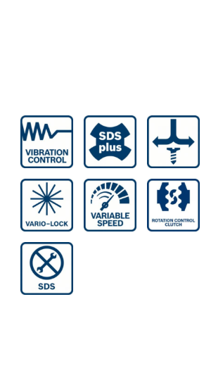 Elektromos szerszám funkcióinak ikonjai: vibrációvezérlés, SDS plus, fúró, vario-lock, változó sebesség, forgás és SDS.