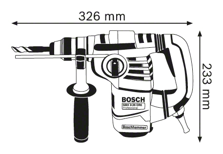 Fekete-fehér diagram a Bosch fúrókalapácsról, 326 mm x 233 mm-es méretekkel.