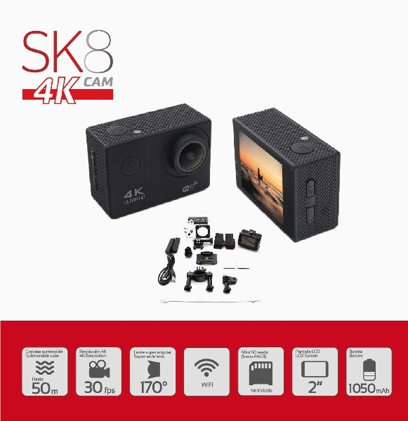 Cámara de acción SK8 4K negra con accesorios, incluyendo una batería y una pantalla.