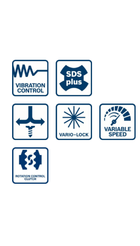 Hat ikon szerszámokkal és szimbólumokkal, beleértve a 'VIBRATION CONTROL' és a 'VARIO-LOCK' feliratokat.