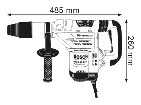A Bosch kalapácsfúró rajza méretekkel. Fehér háttér.