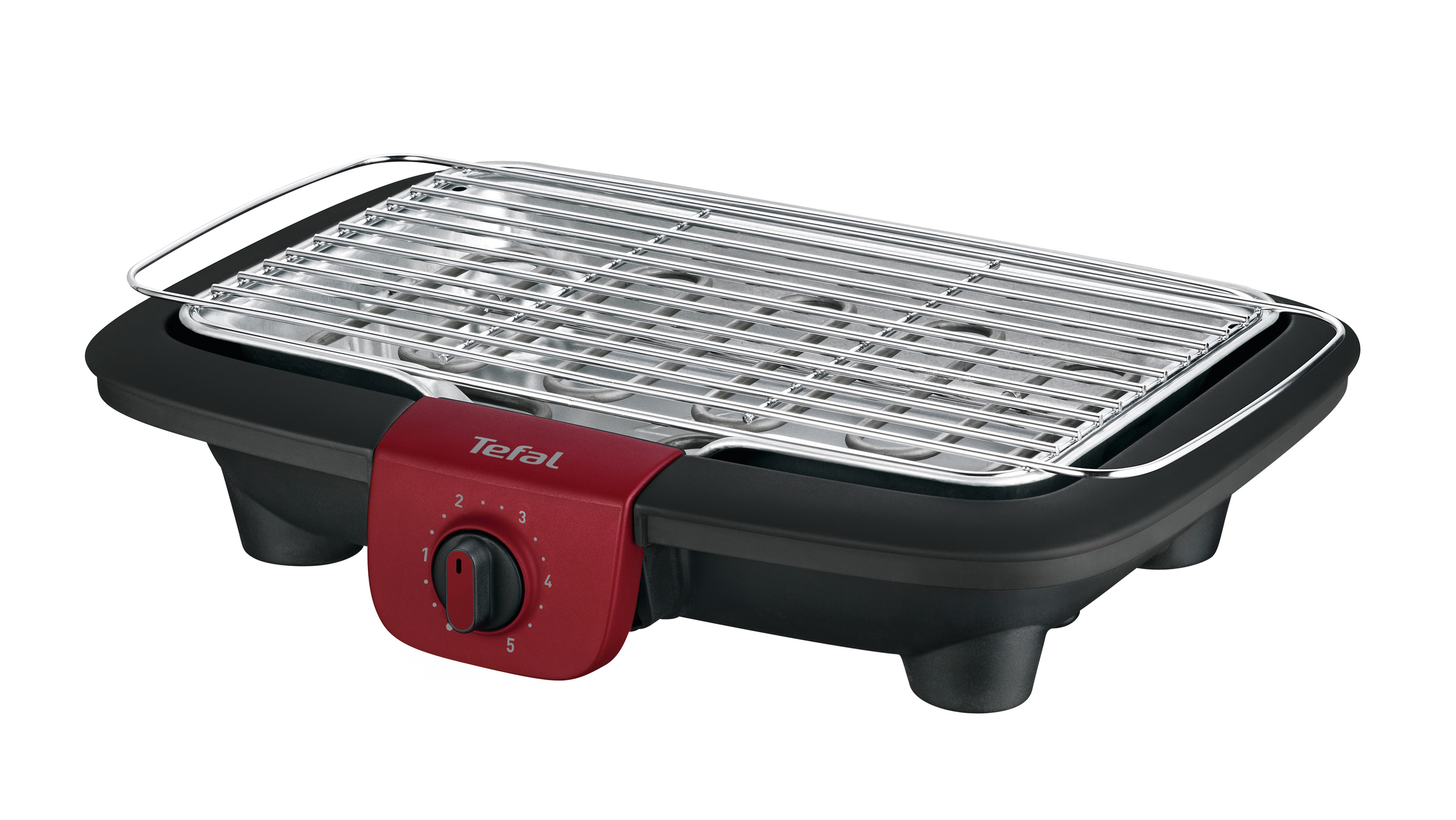Schwarzer Elektrogrill mit silberner Grillplatte und roter Bedienblende mit Drehregler.