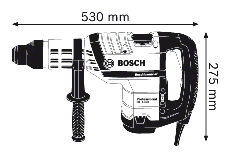 Egy Bosch kalapácsfúró, méretekkel jelölve: 530 mm hosszúság, 275 mm magasság.