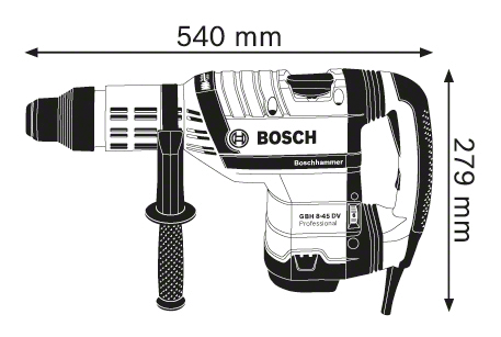 Bosch fúrókalapács vázlat 540mm x 279mm méretekkel. Fekete-fehér körvonal fehér háttéren.