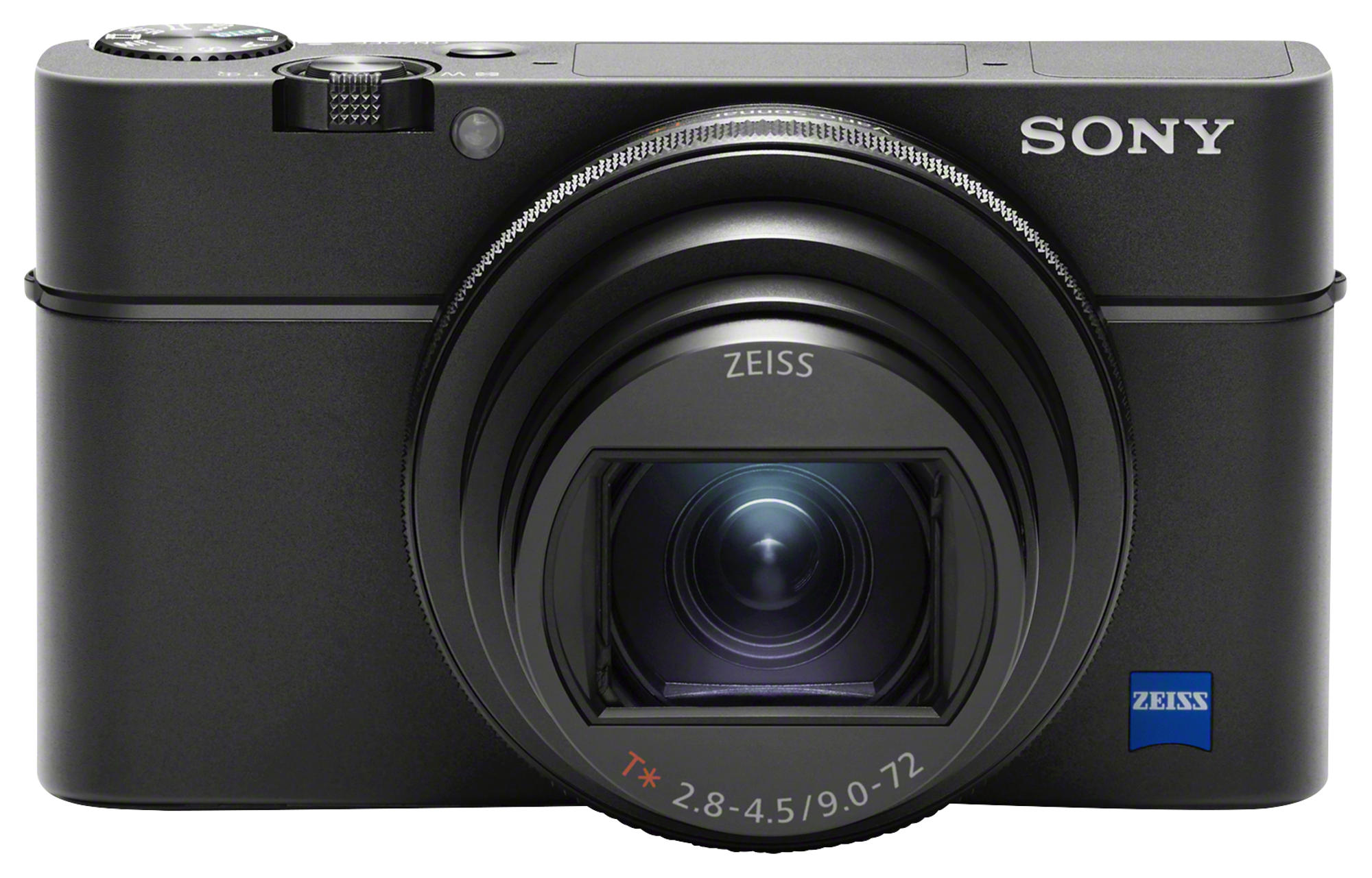 Eine schwarze Sony-Kamera mit Zeiss-Objektiv und Pop-up-Blitz auf weißem Hintergrund.