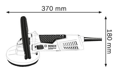 Sarokcsiszoló vonalas rajza, megadott méretekkel: 370 mm x 180 mm.