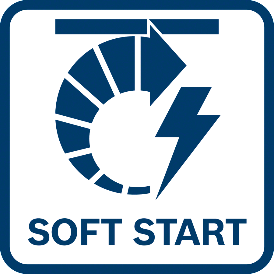 Egy kék négyzet a "SOFT START" szavakkal, egy stilizált nyíllal és villámmal.