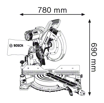 Bosch gérvágó fűrész méretekkel: 780 mm széles, 690 mm magas.