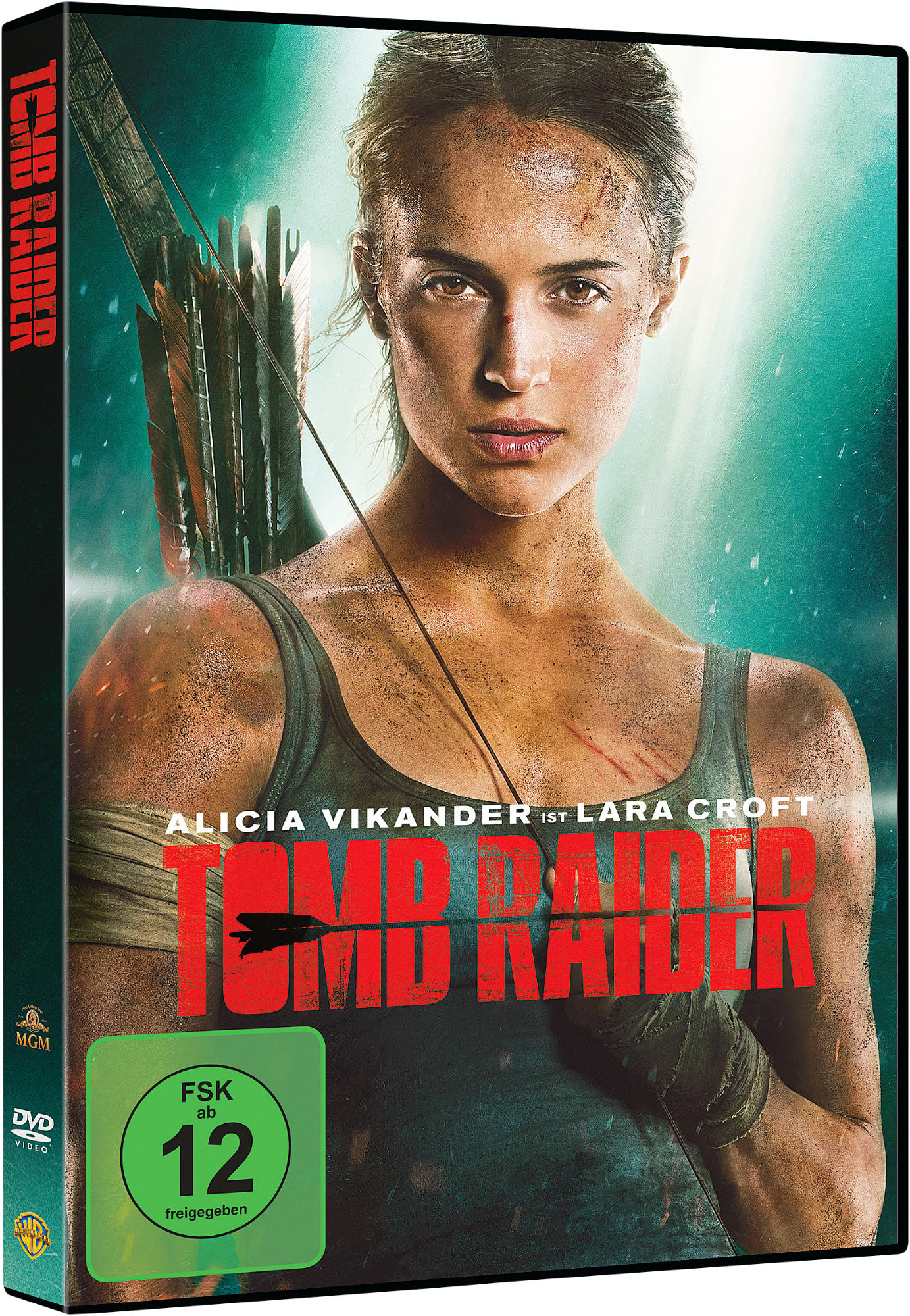 Tomb Raider DVD-Cover. Alicia Vikander als Lara Croft. Roter Tomb Raider-Text. Grünes Bewertungssymbol.