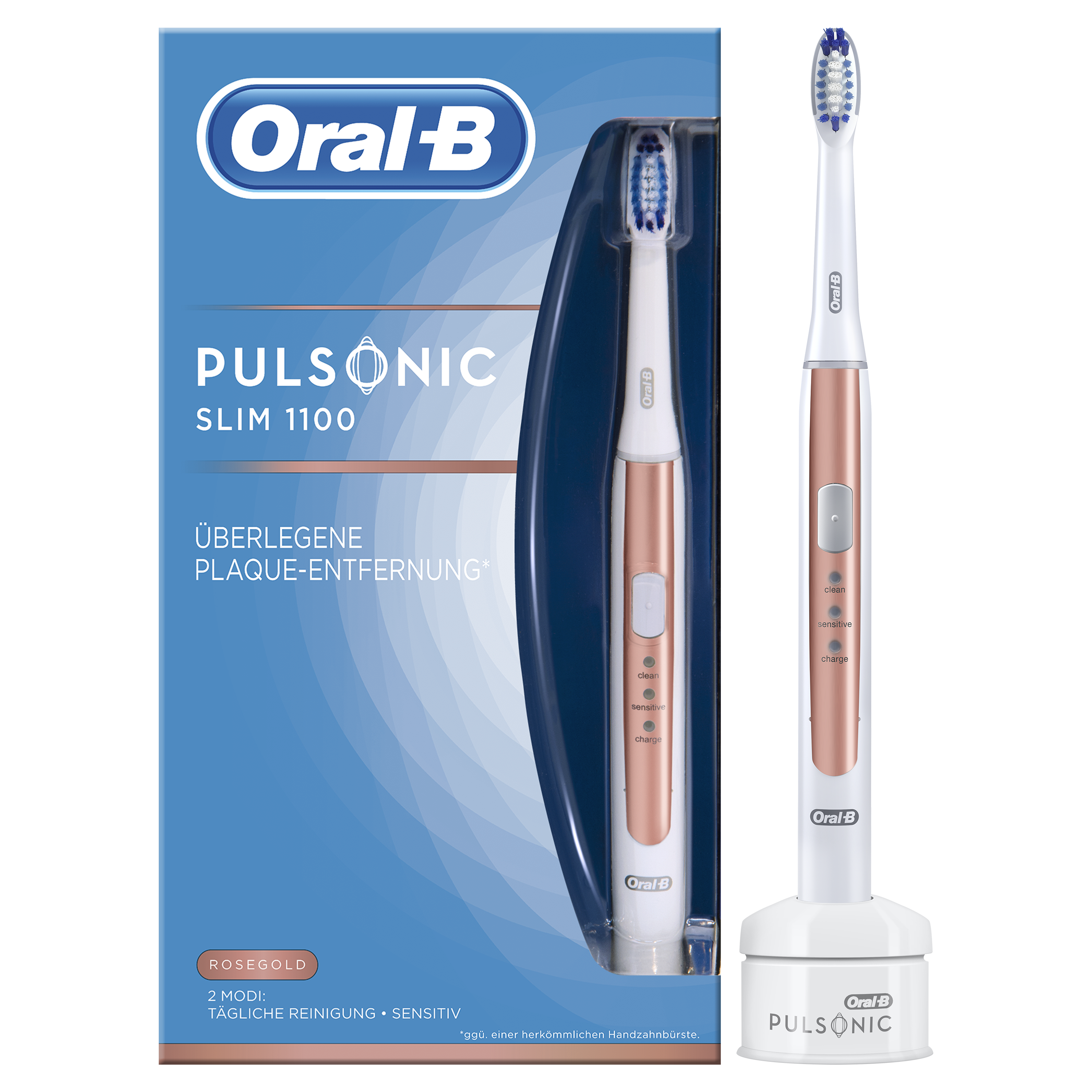 Verpackte elektrische Zahnbürste Oral-B Pulsionic Slim 1100 und ein Ladegerät. Roségold-Farbe.