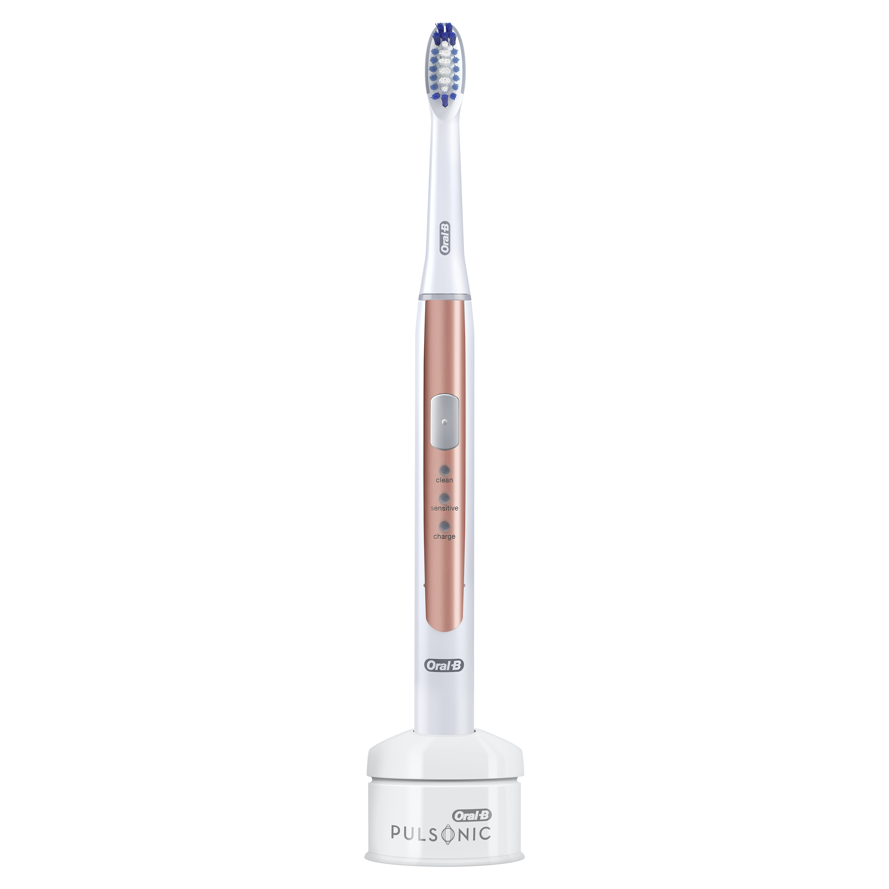 Eine elektrische Zahnbürste mit roségoldfarbenem Griff, weißer Basis und den Logos von Oral-B und PulsSonic.