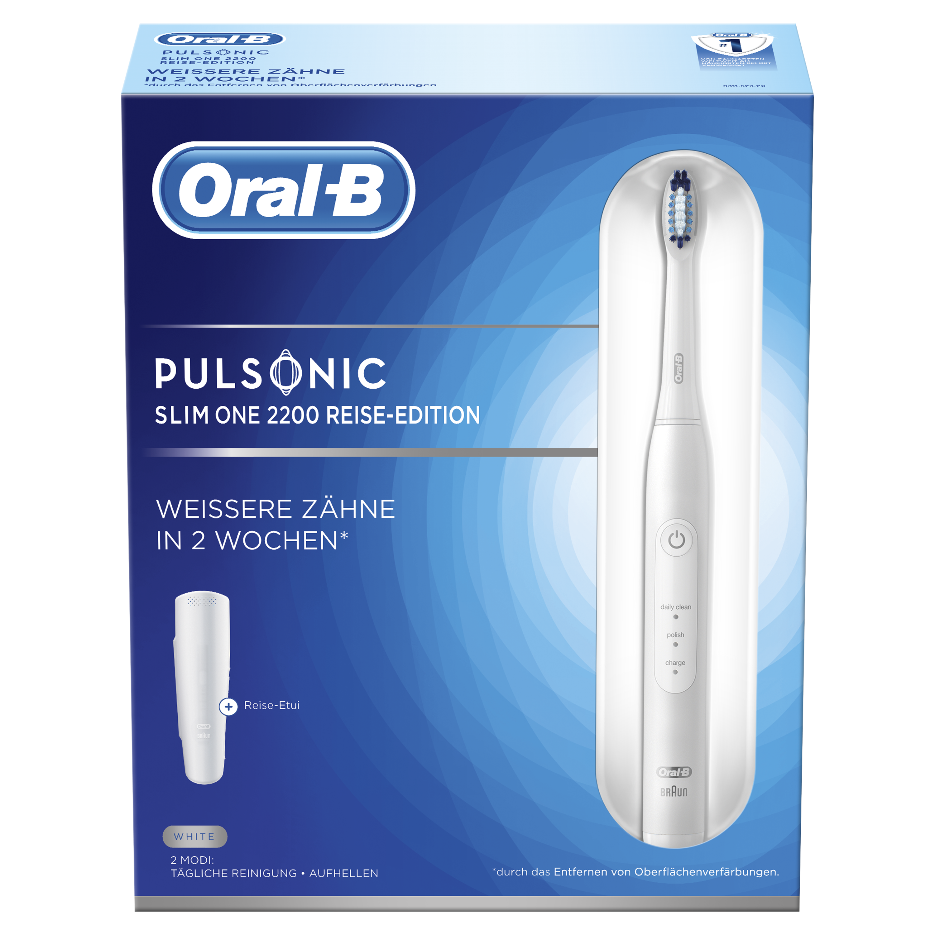 Weiße Oral-B PulsSonic Zahnbürste in einer Box mit Produktnamen und Funktionen.