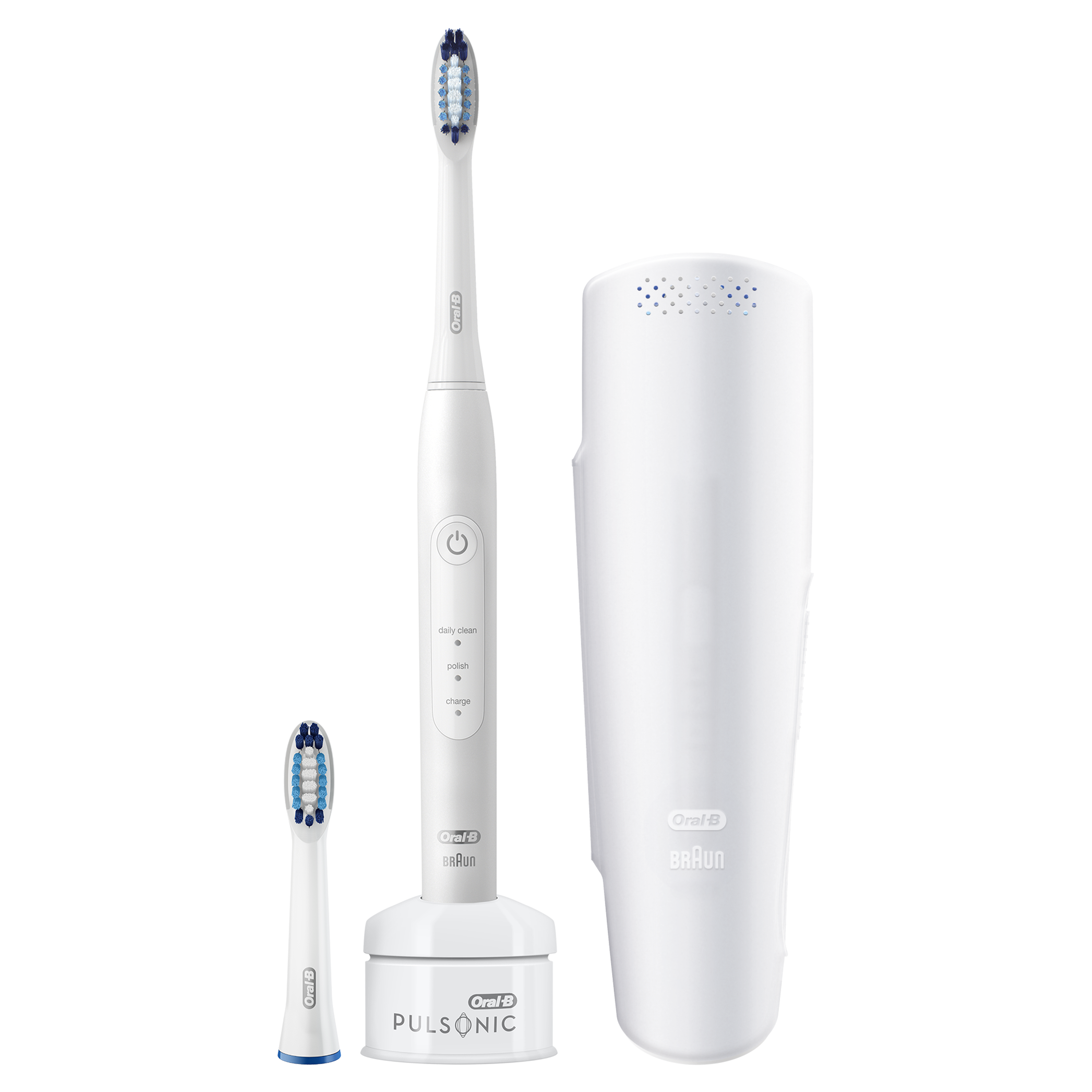 Eine weiße elektrische Zahnbürste mit Ladestation und einem zusätzlichen Bürstenkopf. Die Marke ist Oral-B.