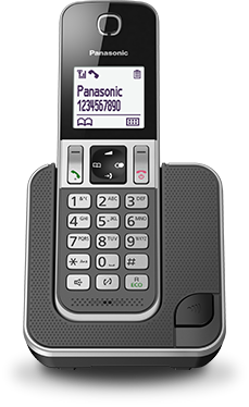 Un téléphone sans fil gris avec une base de recharge et un écran affichant des chiffres.