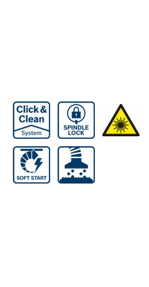 Ikonok: Click & Clean, orsózár, lágyindítás és egy lézerfigyelmeztető jel.