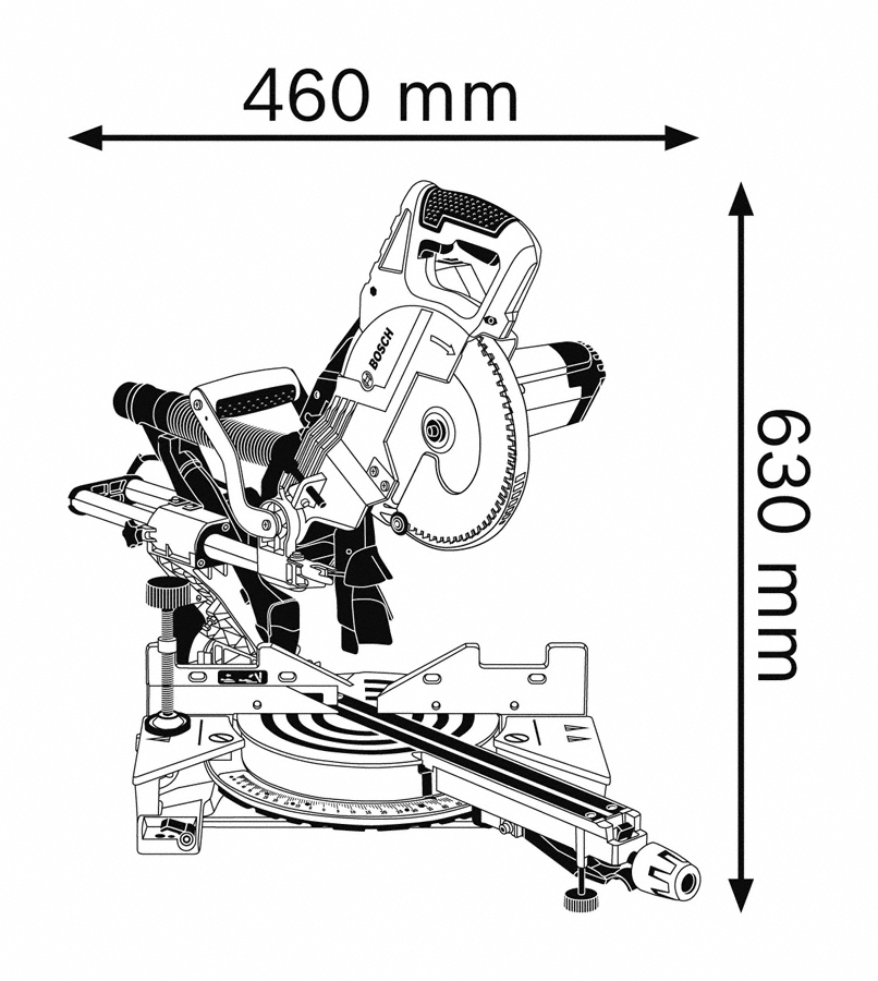 Gérvágó fűrész méretekkel, 460mm széles, 630mm magas, fehér háttér.