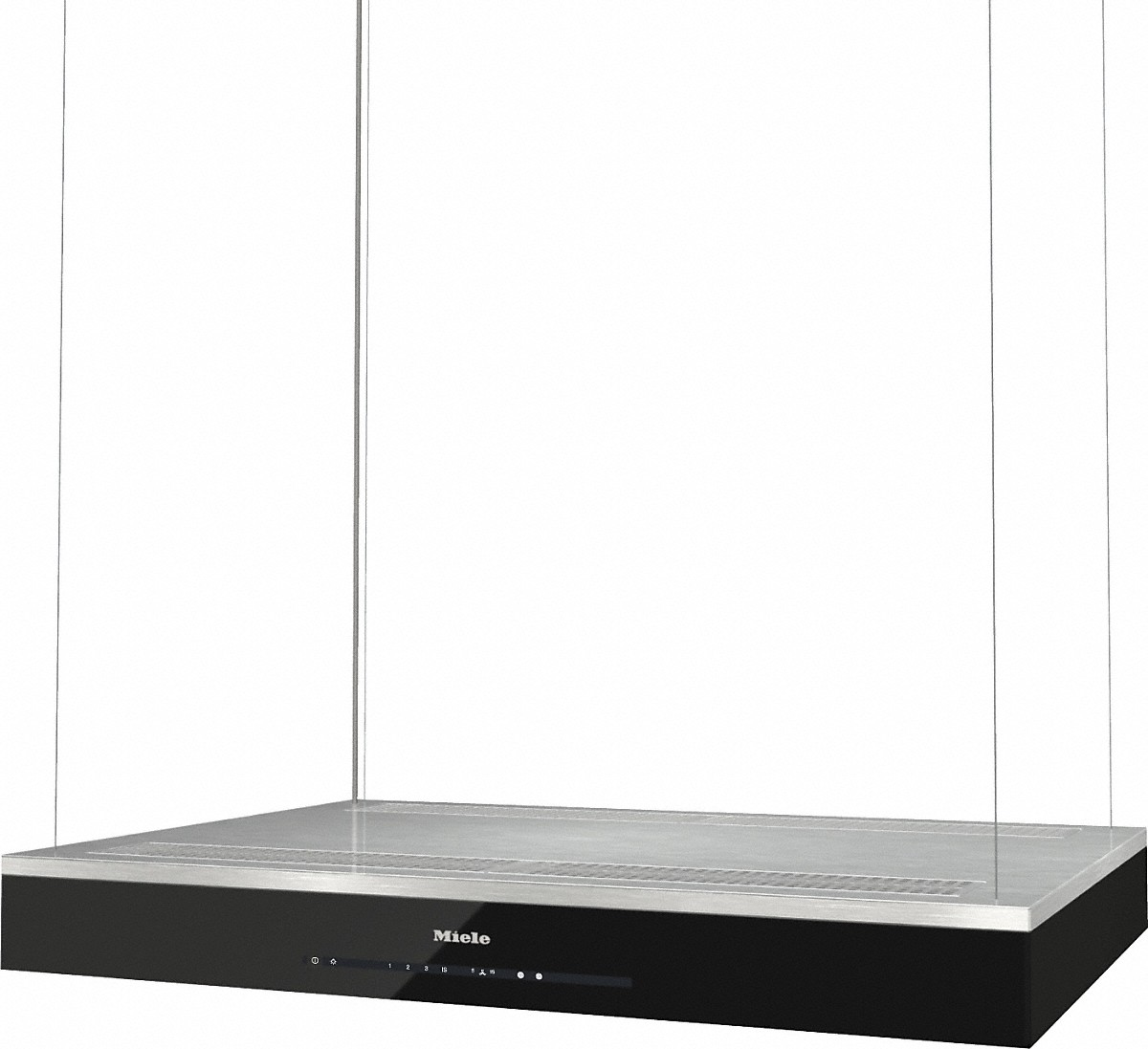 Eine Miele Dunstabzugshaube mit schwarzem Gehäuse und Metalloberseite.