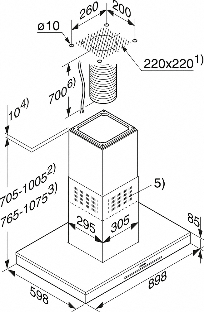 Diagramm, das eine Dunstabzugshaube mit Abmessungen und anderen technischen Details zeigt.
