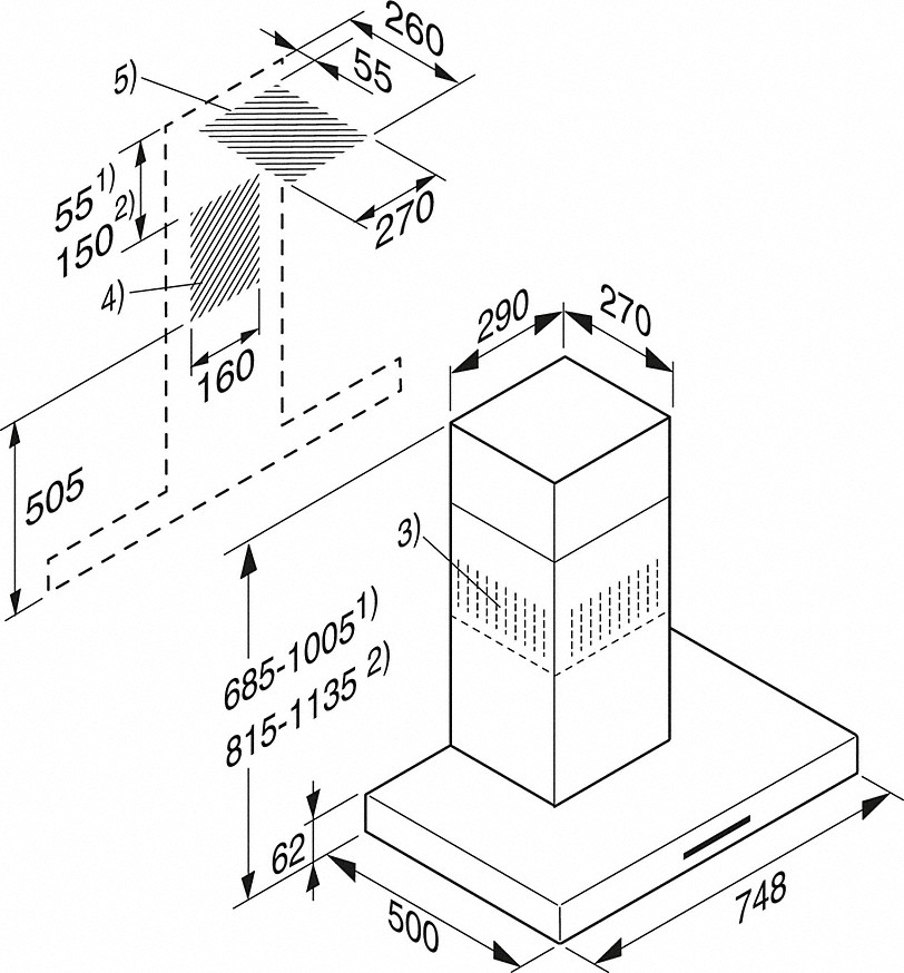 Technische Zeichnung einer Dunstabzugshaube mit Maßen und Installationshinweisen.