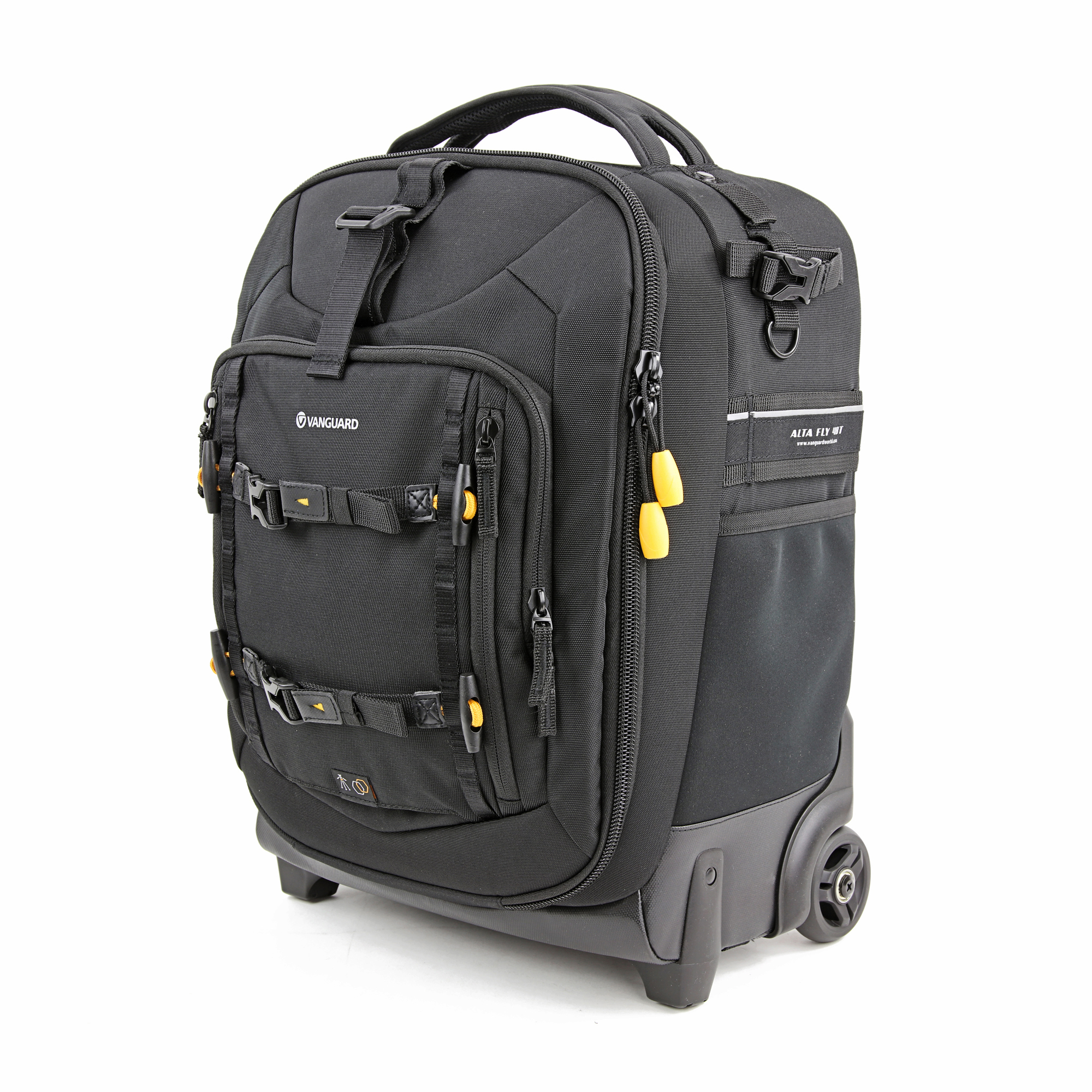 Schwarze Vanguard Alta Fly 55 Trolley-Tasche. Gelbe Reißverschlüsse und Details. Räder und Griff.