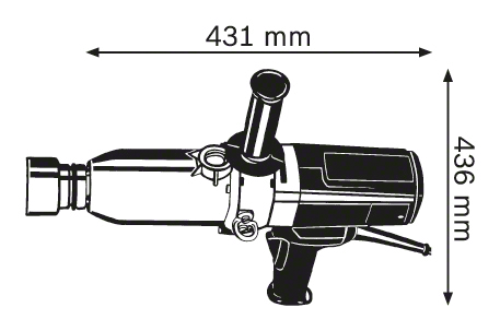 Fekete-fehér diagram egy eszközről. Ez egy fúró, 431 mm x 436 mm méretekkel.