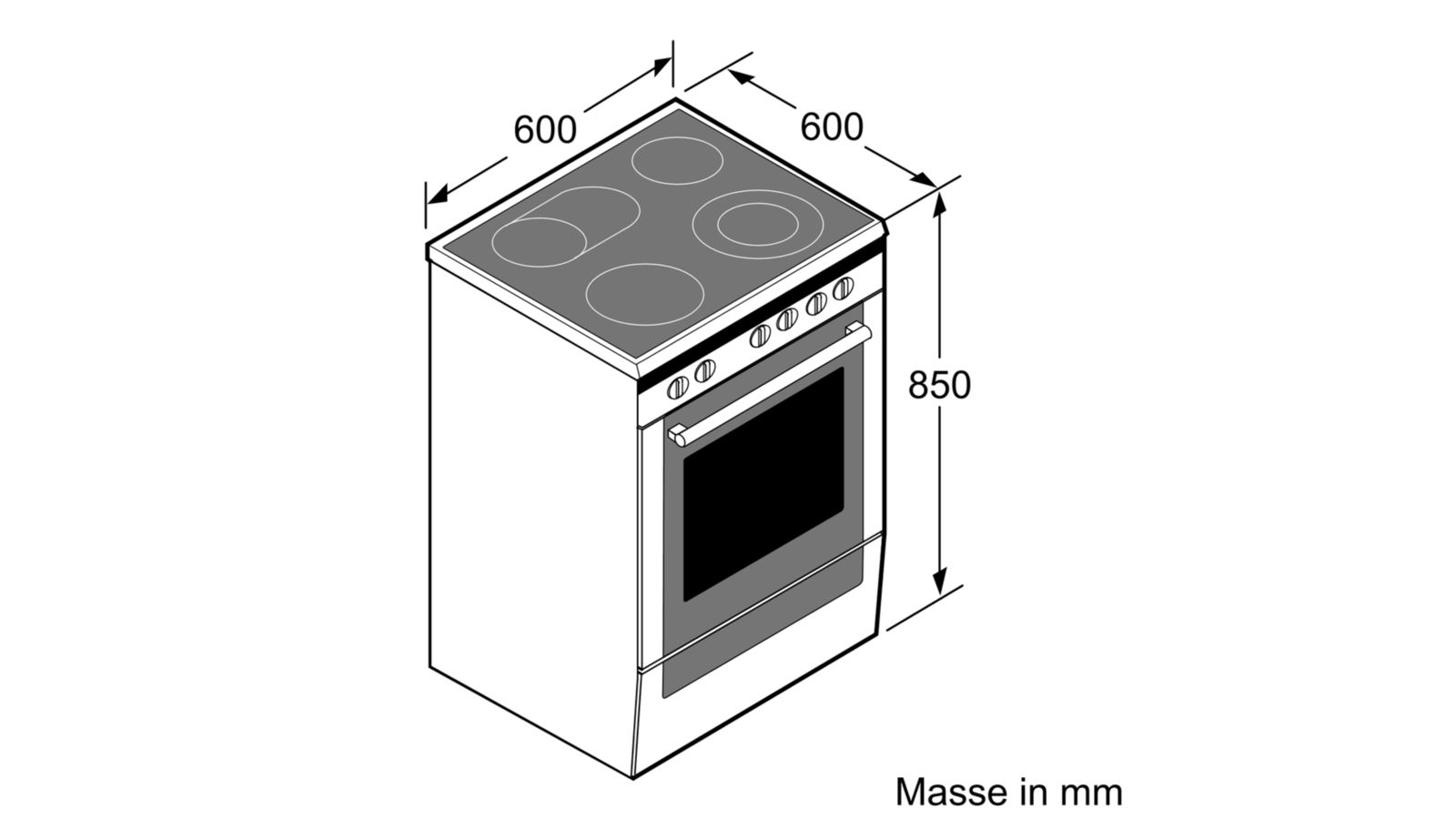 Isometrische Ansicht eines weißen Elektroherds mit vier Kochfeldern und einem Backofen, Maße in mm.