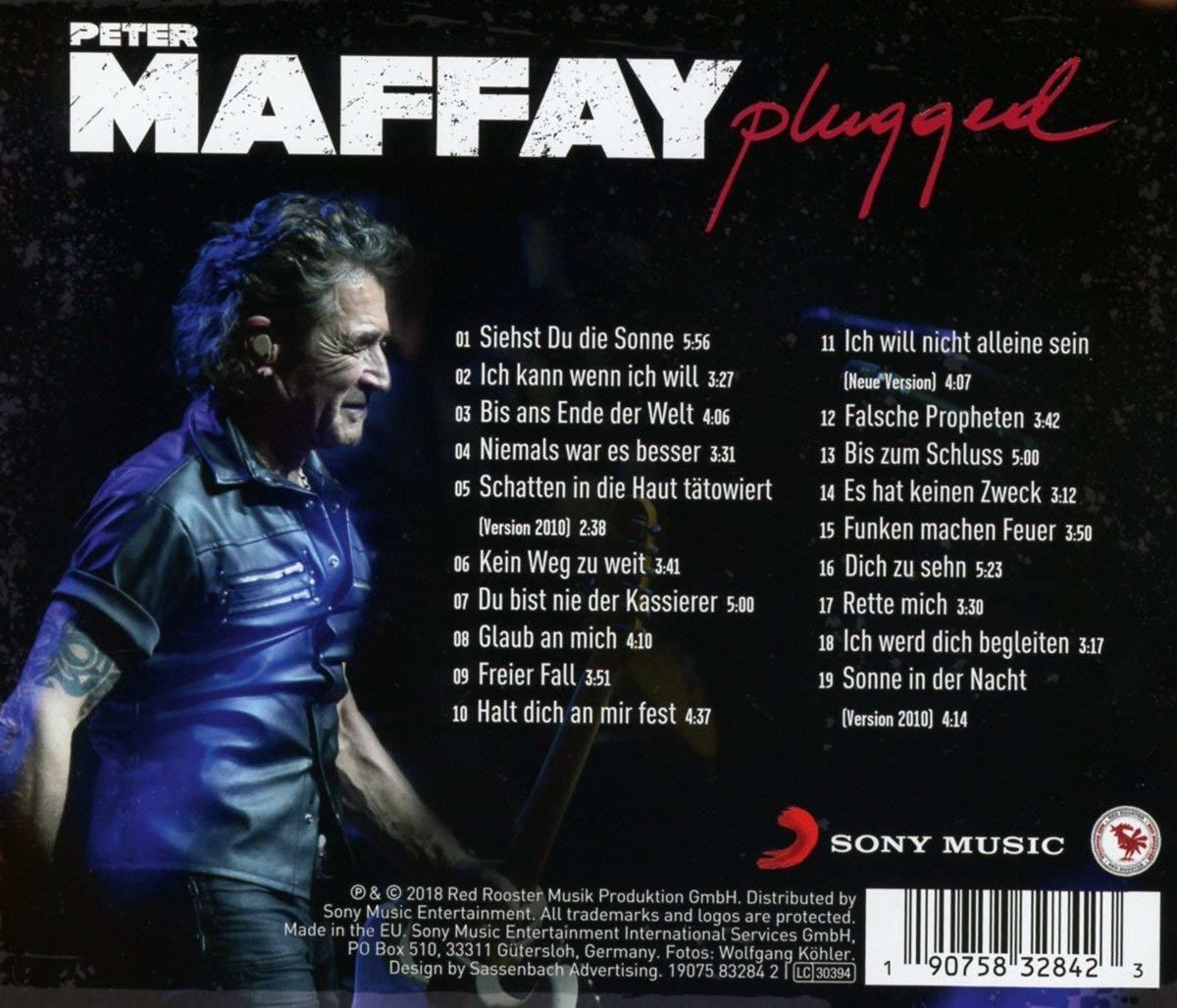 Rückseite des Albums 'plugged' von Peter Maffay, mit Trackliste und Foto des Künstlers.