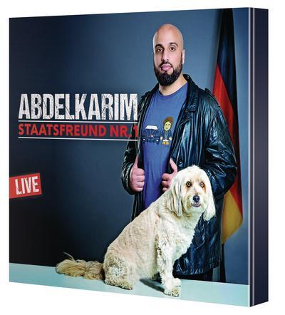 DVD-Cover mit einem Mann, einem Hund und den Worten 'ABDELKARIM STAATSFEUND NR.1 LIVE'.