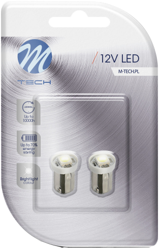 Egy buborékcsomagolás két fehér LED izzóval, '12V LED' felirattal.