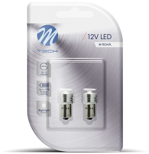Csomag két 12V-os LED izzóval. A csomag fehér és szürke, termék információkkal.