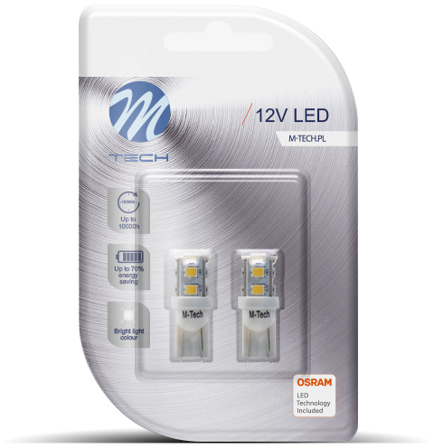 Csomagolás két 12V-os LED izzóval. Jellemzők: energiatakarékosság, hosszú élettartam, erős fény.