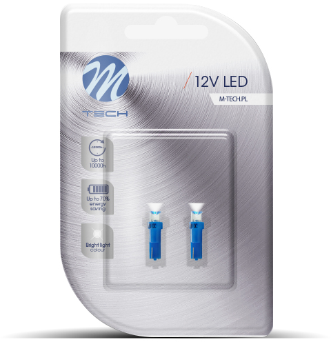 Két 12V-os LED izzó buborékcsomagolásban, szöveggel és ikonokkal.