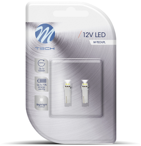 Két darab 12V-os LED lámpa csomagja, szöveggel és ikonokkal, amelyek energiatakarékosságot jelölnek.