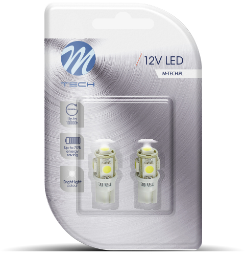 Egy 12V-os LED-izzók csomagja, benne két izzóval. A csomag M-TECH márkájú.