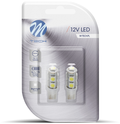 Két 12V-os LED-lámpa csomagolása, szöveggel és ikonokkal.