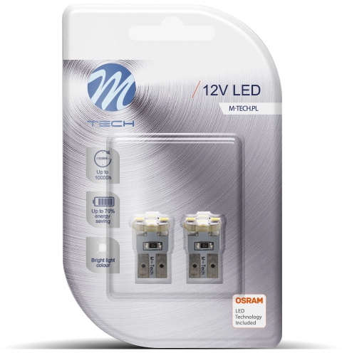 Két LED izzó egy buborékcsomagolásban. Szöveg: 12V LED, M-TECH.PL, OSRAM LED Technology Included.