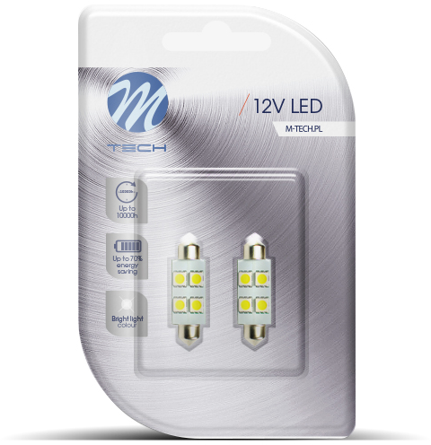 Két 12V-os LED izzó csomagja, M-TECH márkájú, buborékcsomagolásban.