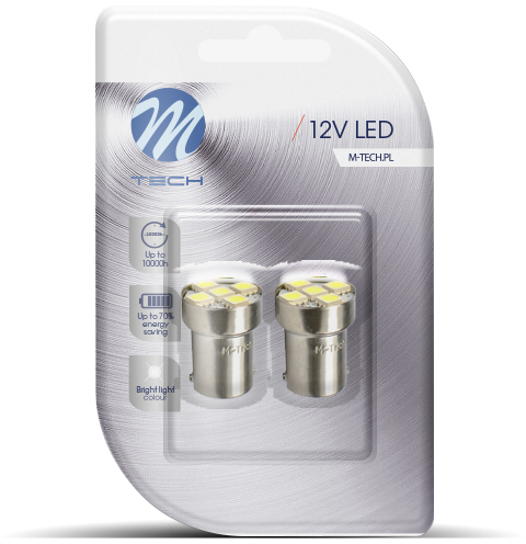 Két LED 12V-os autóizzó csomagja. A fehér izzók átlátszó műanyagban vannak.
